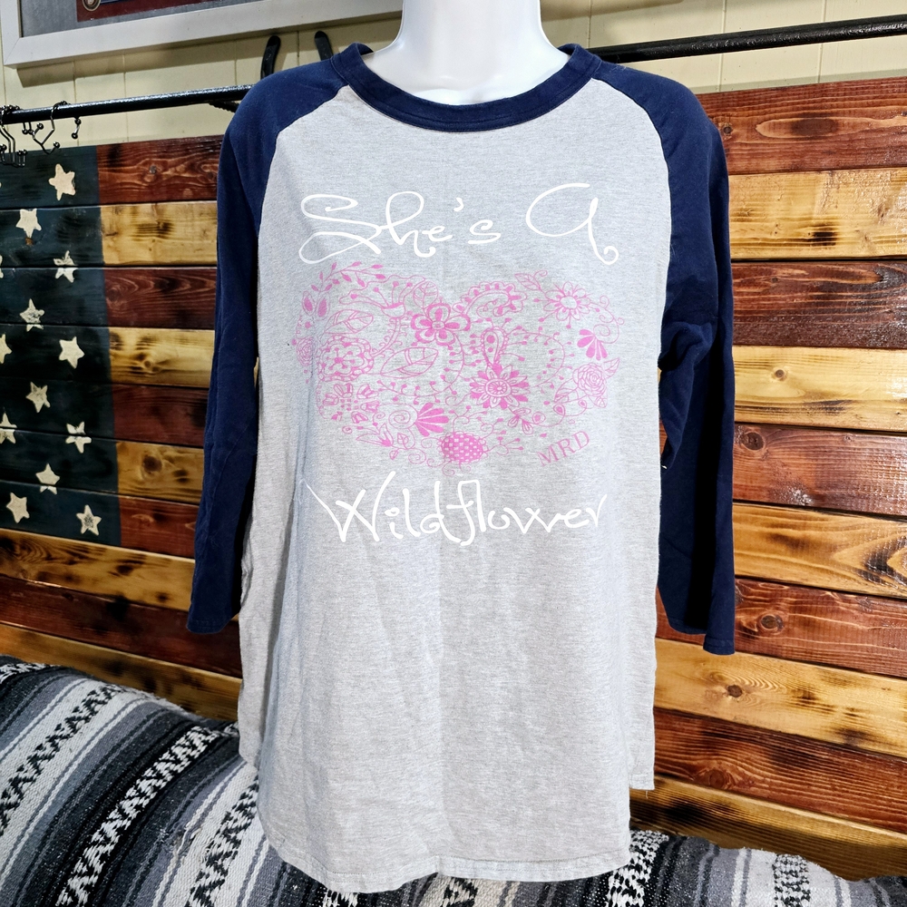 Sport-Tek Navy Gray Shes A Wildflower Raglan Baseball Sleeve Graphic Tee Top S